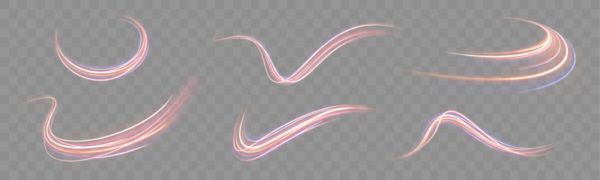 Abstract red optic fiber lines shimmer in curved paths. Glowing motion trails suggest rapid data transmission. High quality vector illustration isolated on transparent layer.
