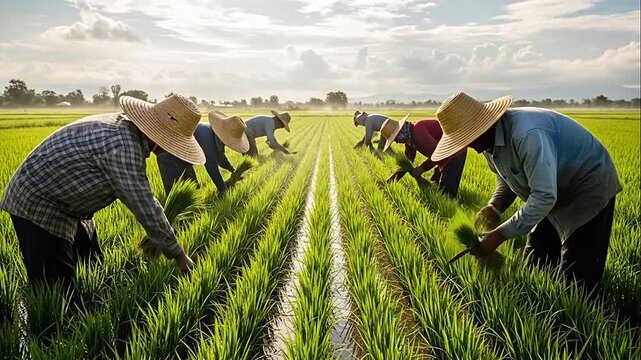 Group of hardworking Asian farmers wearing traditional hats cultivating rice seedlings in a vibrant green paddy field during daytime.