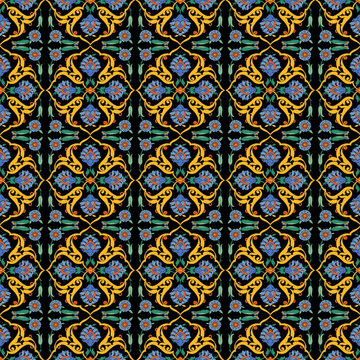 Ornate Islamic Floral Pattern on Black Background with Gold and Blue Arabesque