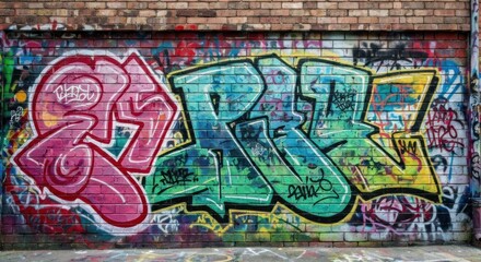 Bold, colorful graffiti art with layered lettering on a brick wall