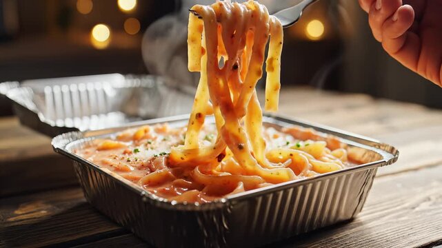 Pasta dish in aluminum tray ready to eat with steam on wooden table