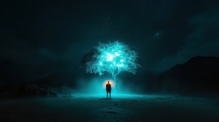 Obraz premium A silhouetted figure stands under a glowing tree in a dark, mystical environment, symbolizing connection, enlightenment, and the beauty of nature against a starry backdrop.
