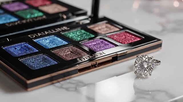 Luxury eyeshadow palette with diamond on marble surface