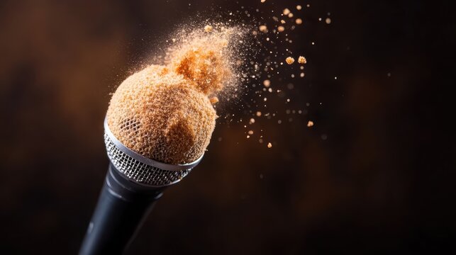 A dramatic close-up of a microphone bursting with a powder explosion, capturing the essence of music, sound, and the emotional impact of spoken word or performance art.