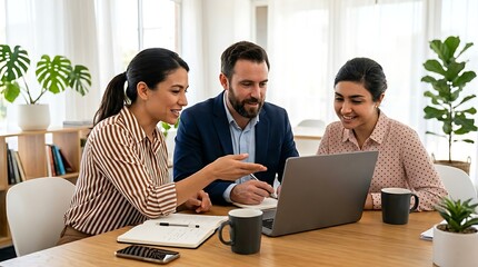 Fototapeta premium Diverse Business Professionals Collaborating On A Project In A Modern Office Setting While Using A Laptop.
