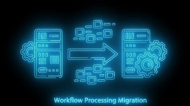 Neon-lit illustration of workflow processing migration with glowing blue icons and gears on a black background.