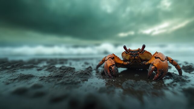 A striking image of a crab on a wet beach, with dramatic stormy skies in the background, showcasing the beauty of nature and the rawness of shoreline ecosystems.