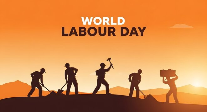 World labour day celebration with workers silhouettes at sunset