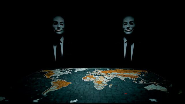 Two men in dark suits standing behind illuminated world map on table in dark setting