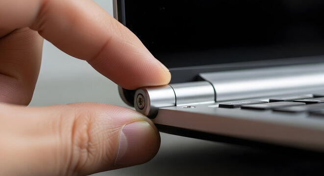 Close-up of hand adjusting laptop screen hinge in modern office