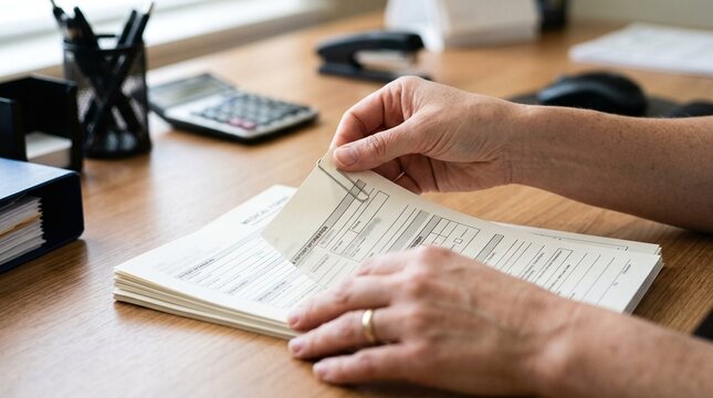 Person organizing paperwork on a wooden desk in an office