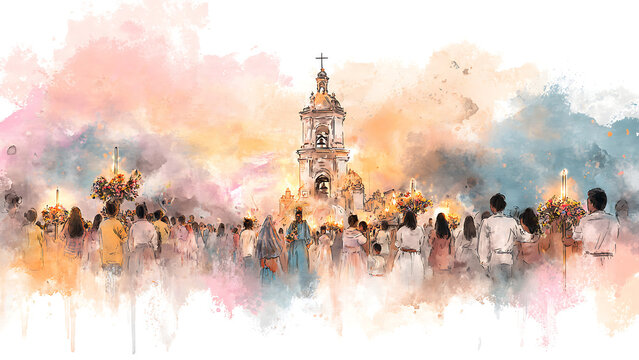 Expressive watercolor illustration of a traditional community festival. A large crowd celebrates with a spiritual procession before an ancient church, capturing heritage and vibrant culture