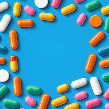 Set of Colorful Tablets and Capsules isolated on blue background - pills, Painkiller tablet, vitamin, pharmaceutical antibiotics. Healthcare concept. Vector illustration. Top view, Copy space
