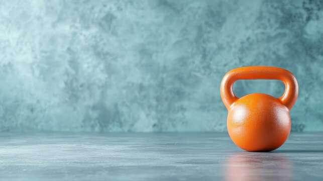 An orange kettlebell sits alone on a textured surface, symbolizing fitness, strength training, and the pursuit of health in a minimalist and artistic manner.