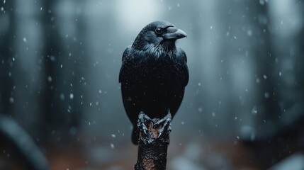 Fototapeta premium A striking black raven perched on a log, surrounded by softly falling snow in a mystical forest, evoking feelings of solitude and contemplation in nature.