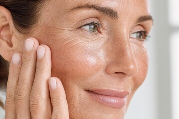 Obraz premium Close-up portrait of a mature woman with natural skin touching her face gently, smiling slightly while looking away in a bright, soft studio light setting.