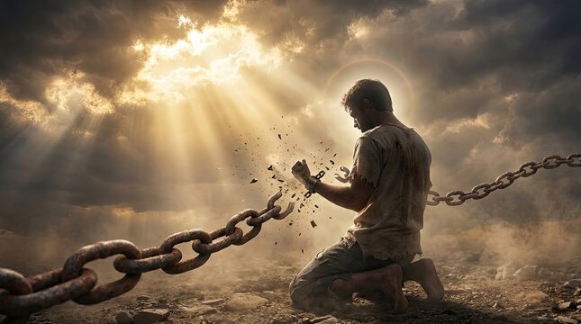 Freedom of person breaking chains under sky with God's presence concept. A man breaking free from chains, symbolizing liberation.