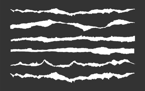 Set of white torn paper edges on black background. Realistic ripped texture, paper strips, and lines. Perfect for design projects, scrapbooking, and crafts. Ripped element set
