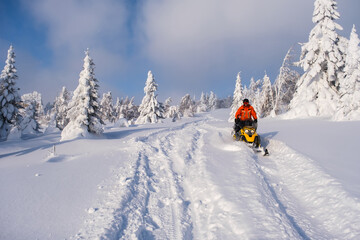 Athlete on a snowmobile moving in the winter forest in the mountains of the Southern Urals