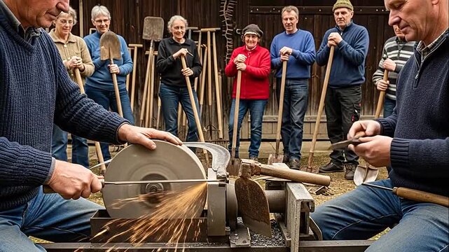 Group of men watching a knife sharpening demonstration in a workshop.