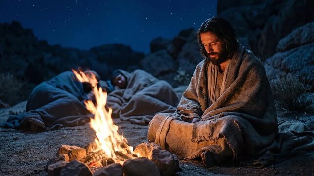 Jesus Resting by a Campfire at Night with Disciples
