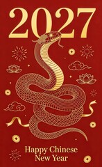 Fototapeta premium 2027 Chinese New Year of the Snake banner template with modern line art golden snake on red background design Happy Holidays greeting card invitation Chinese Happy New Year