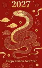 Obraz premium 2027 Chinese New Year of the Snake banner template with modern line art golden snake on red background design Happy Holidays greeting card invitation Chinese Happy New Year