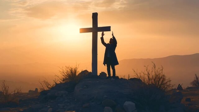 A person stands by a wooden cross on a hilltop at sunset. They take pictures while the sun sets behind the mountains. The sky has warm colors and shadows.
