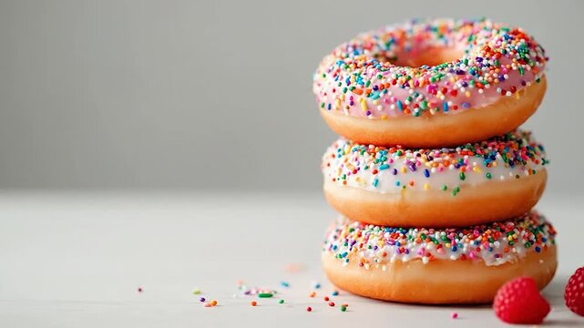 Stack of sweet frosted donuts with colorful sprinkles on a white surface