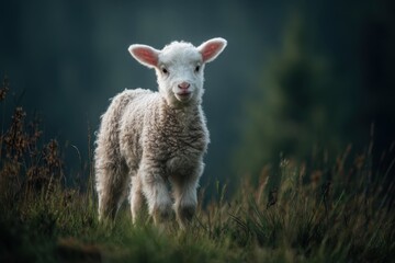 Obraz premium Little lamb standing in green grass field