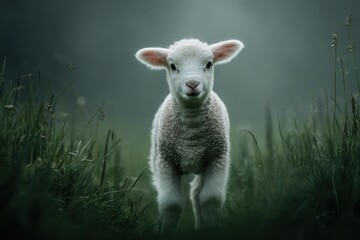 Obraz premium White lamb standing in green grass field