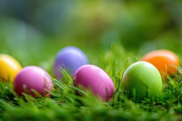 Fototapeta premium Colorful Easter eggs nestling in green spring grass
