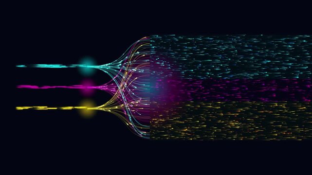 Dynamic Convergence and Divergence of Digital Information Streams: Abstract Data Flow Visualization on Dark Background