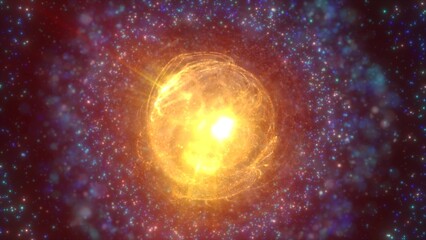 Abstract futuristic glowing with yellow light round sphere space star from magic high-tech energy on the background of the space galaxy. Abstract background © Bolbik