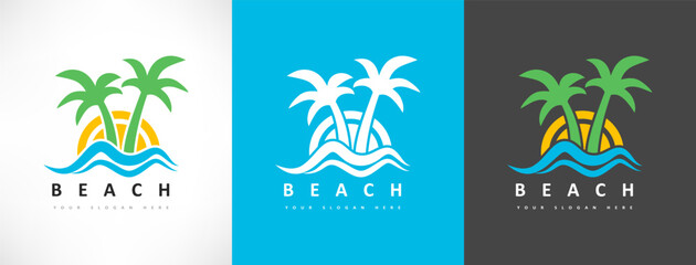Travel logo. Sea, sun, and palm tree. Beach logo vector.	 Oasis.