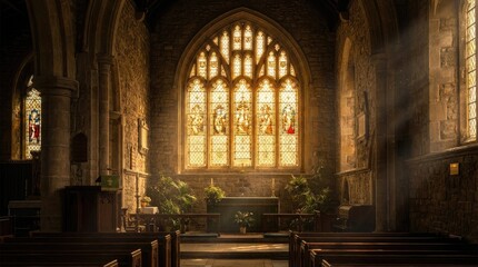 Fototapeta premium Church window bathed in sunlight casting light beams reflection concept. A serene church interior with stained glass and soft lighting.