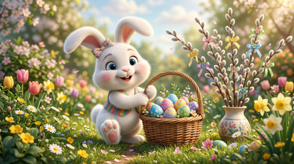 Puchaty króliczek wielkanocny z koszem pisanek i baziami w wazonie