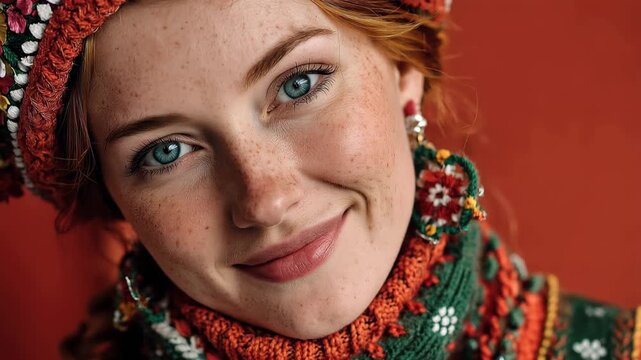 Close up portrait of Polish woman in traditional folk costume during cultural celebration in Poland