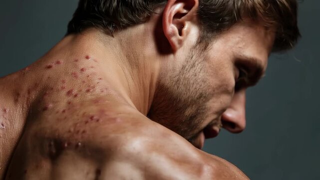 Back of a man with skin condition showing acne and dermatology symptoms during a consultation in a clinical setting