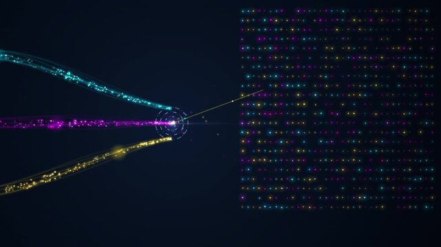 Abstract digital data streams converging and expanding into a complex network grid in a futuristic dark space
