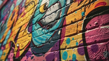 Obraz premium Vibrant street art graffiti on weathered brick wall with colorful patterns