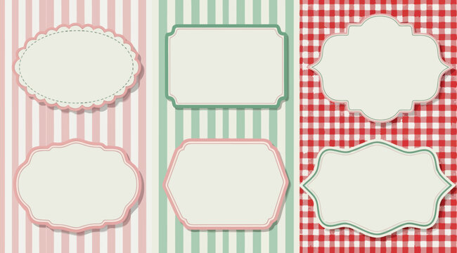 Collection of blank labels on colorful striped and checked backgrounds for design