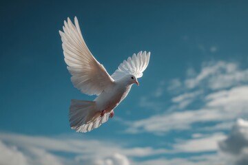 Obraz premium White dove flying high in a blue sky