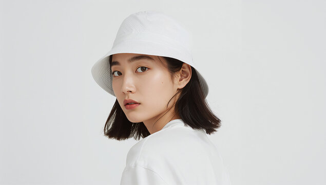 東アジアの二十代女性と白バケット、白背景で統一した清新ミニマル