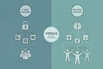 Distinction between Fixed Mindset and Growth Mindset demonstrating cognitive flexibility and potential for personal growth through mindset evolution and transformational change processes