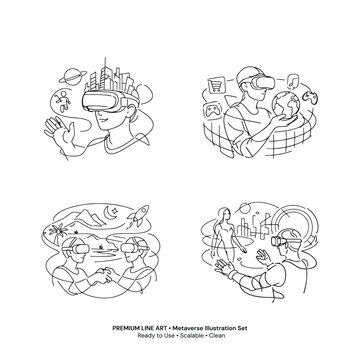 PrintPremium Metaverse One Line Art Illustration Set, VR Virtual Reality Continuous Line Icons, Futuristic Technology Minimal Vector Collection