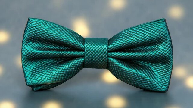 A teal bow tie with textured surface, a classic men's accessory, sits in the center