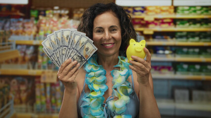 Hispanic woman in bikini with lei showcasing us dollars and piggy bank in indoor market
