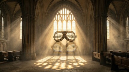Fototapeta premium Church window bathed in sunlight casting light beams like goggles reflection concept. An ethereal light illuminates a masked figure in a grand hall.