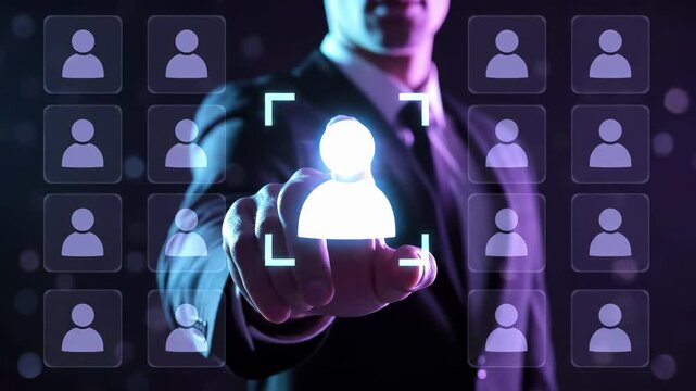Business professional selecting a highlighted user icon from candidates symbolizing talent acquisition, HR analytics, strategic hiring. Digital recruitment, AI driven selection, workforce optimization